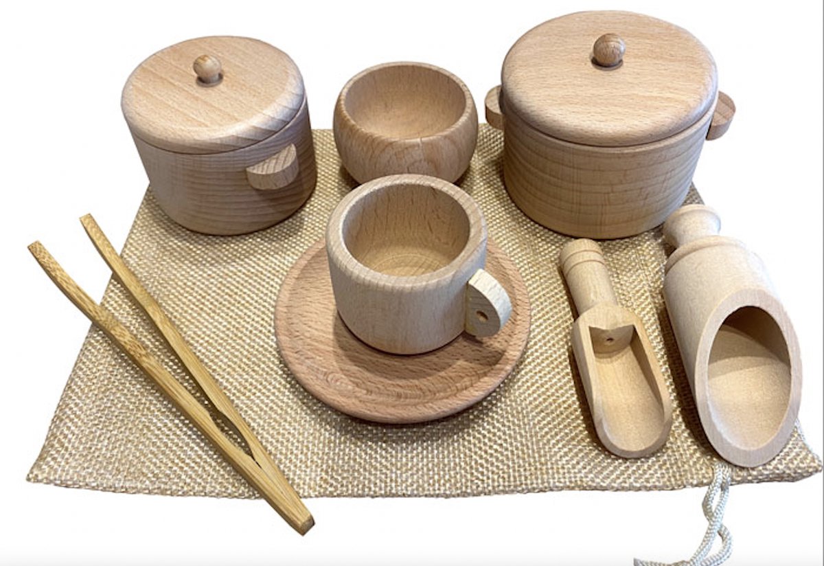 houten speelgoed thee en keukenset 10-delig| keukengerei mini| montessori sensory bin tool set